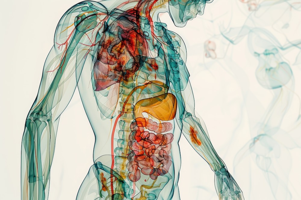 An anatomical drawing illustrating the impact of disease on specific organs or systems within the body. Concept of organ dysfunction and physiological impairment. Generative Ai.